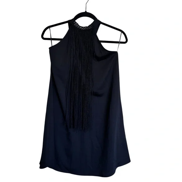 Zara Black Halter Tie Mini Dress with Long Fringe Detail - Picture 2 of 12